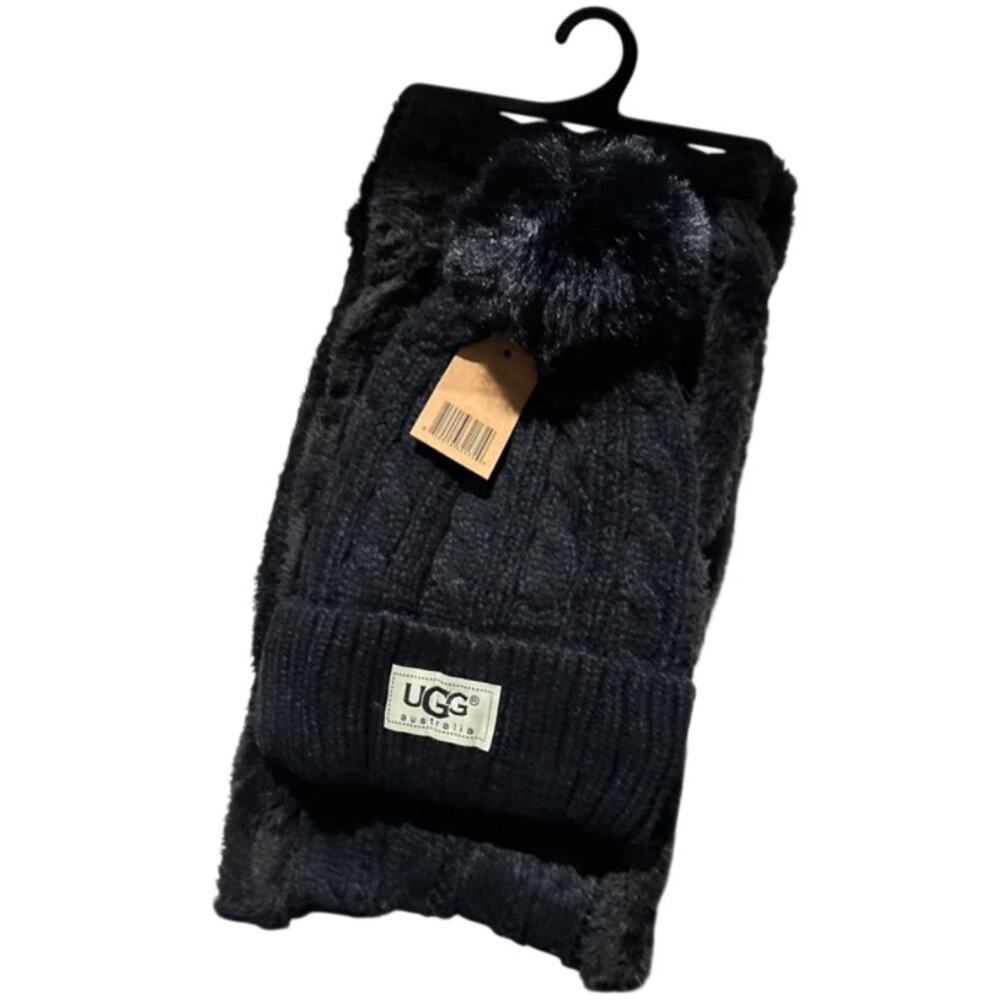 UGG Black Knit Beanie Hat & Scarf Set Faux Fur Pom